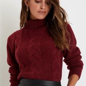 Women's Cable Knit Turtleneck Sweater - Burgundy